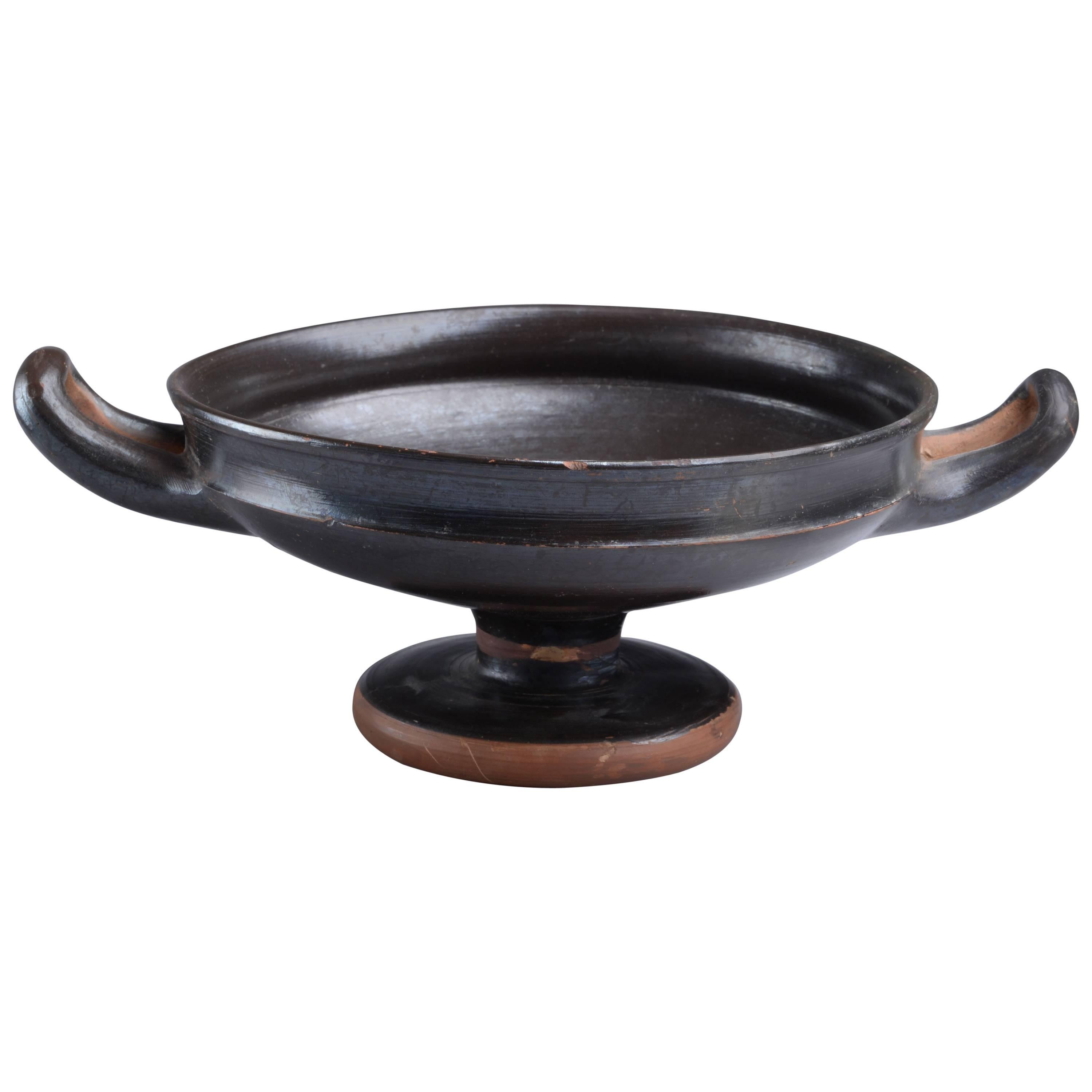 Ancient Greek Black Glazed Pottery Kylix Wine Vessel, 350 BC