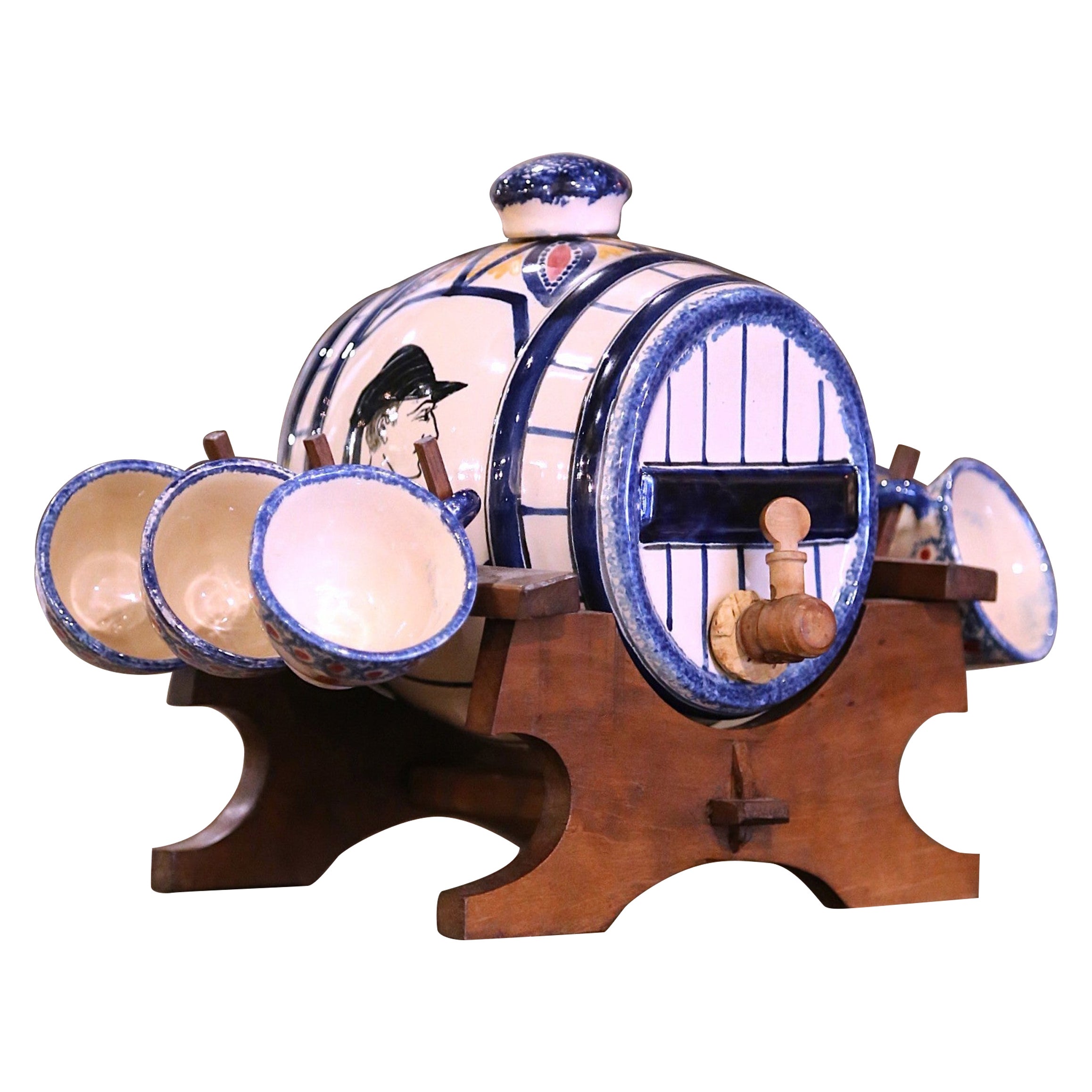 Juego de licorera y copas de loza Henriot Quimper francesa de principios del siglo XX