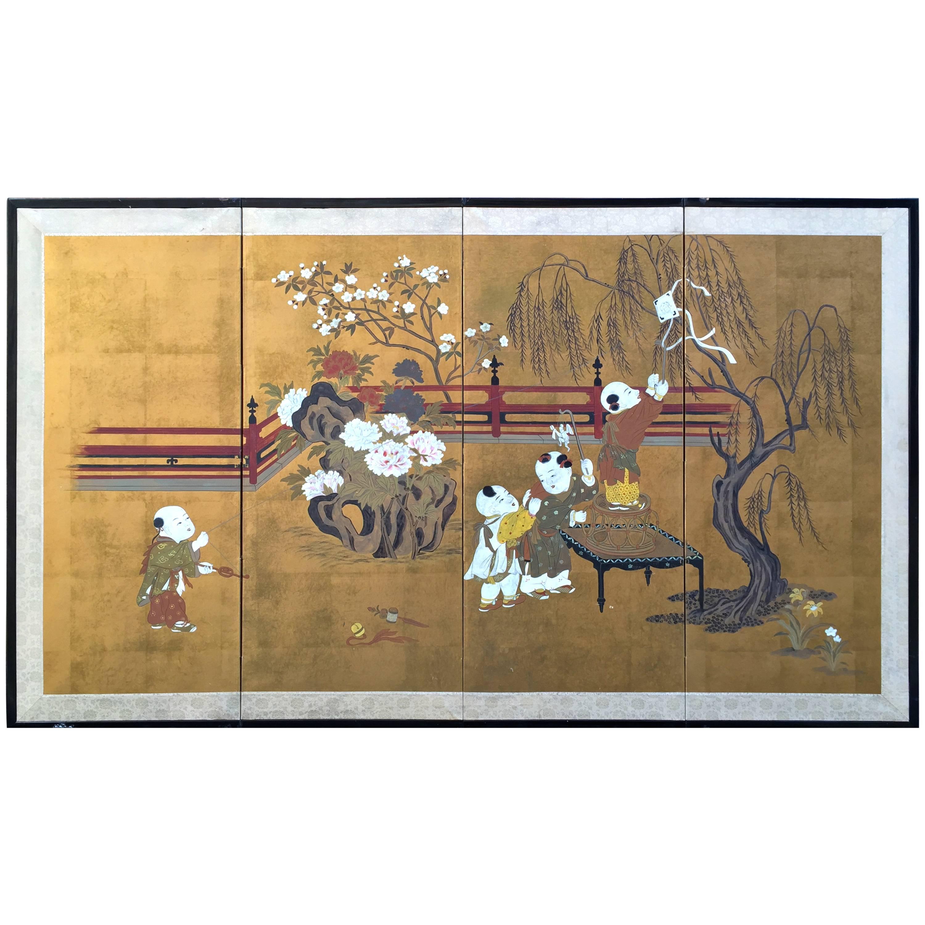 Gilded and Painted Japanese Folding Screen