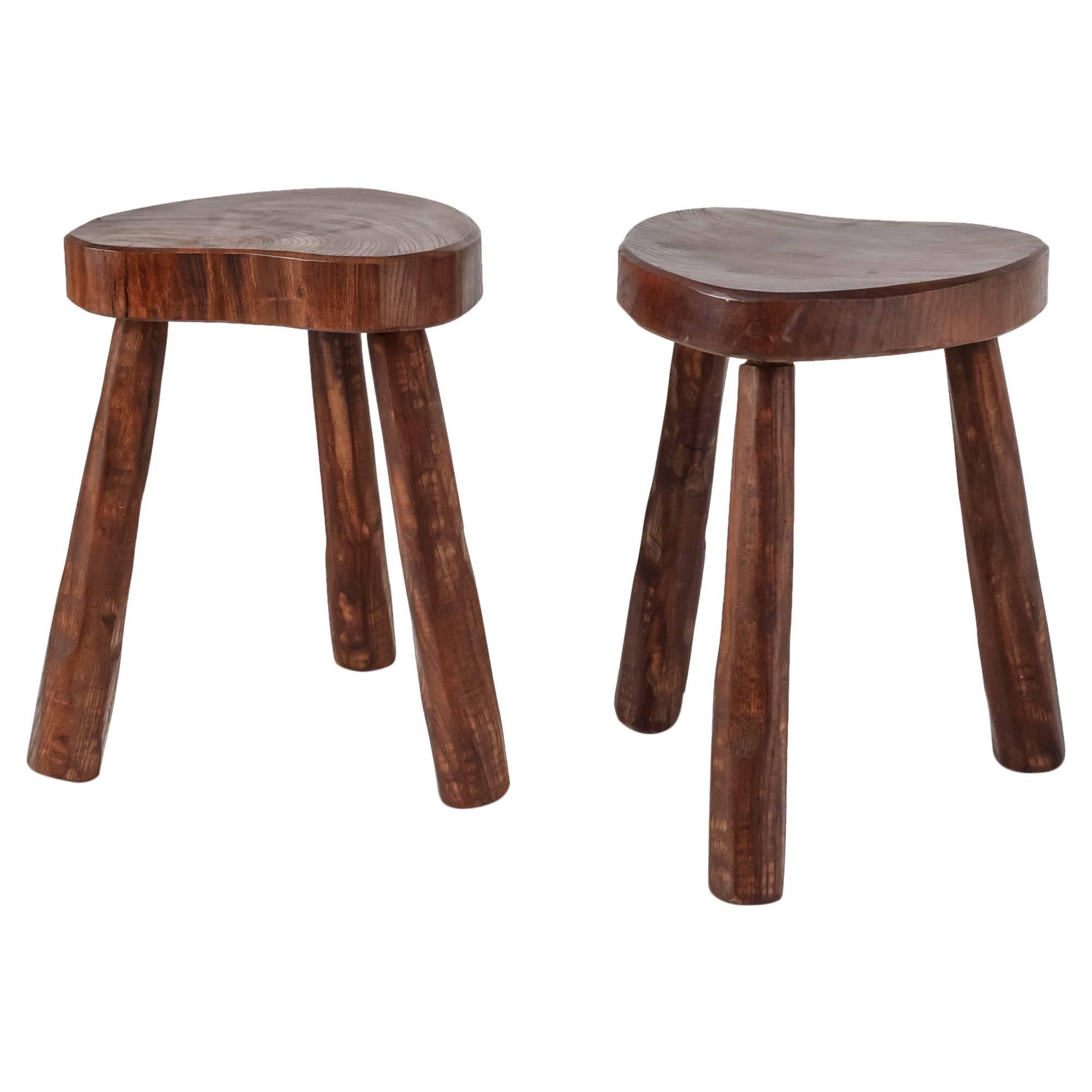 Handcrafted Pair of Tripod Stools with Heart Shaped Seat, France, 1950s