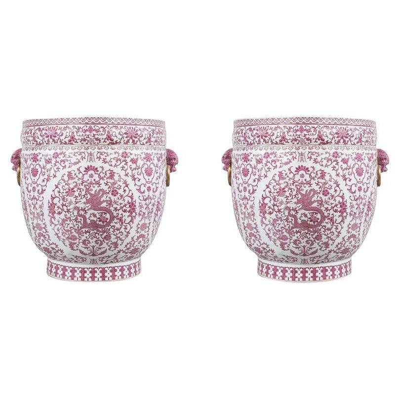 A Massive Pair of Chinese Pink and White Dragon Porcelain Planters For Sale