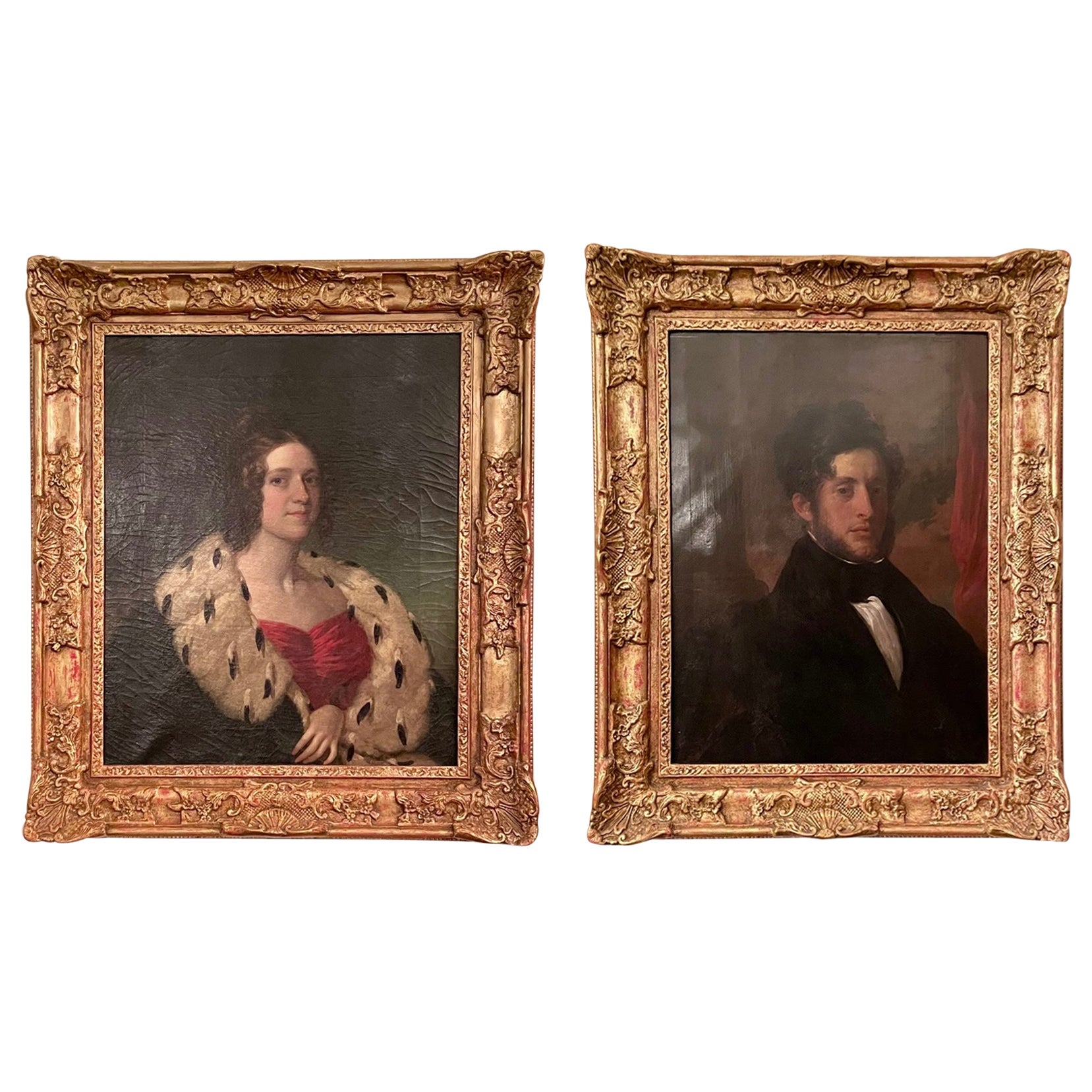 Coppia di antichi dipinti americani di ritratti su tela con cornice, CIRCA 1840.