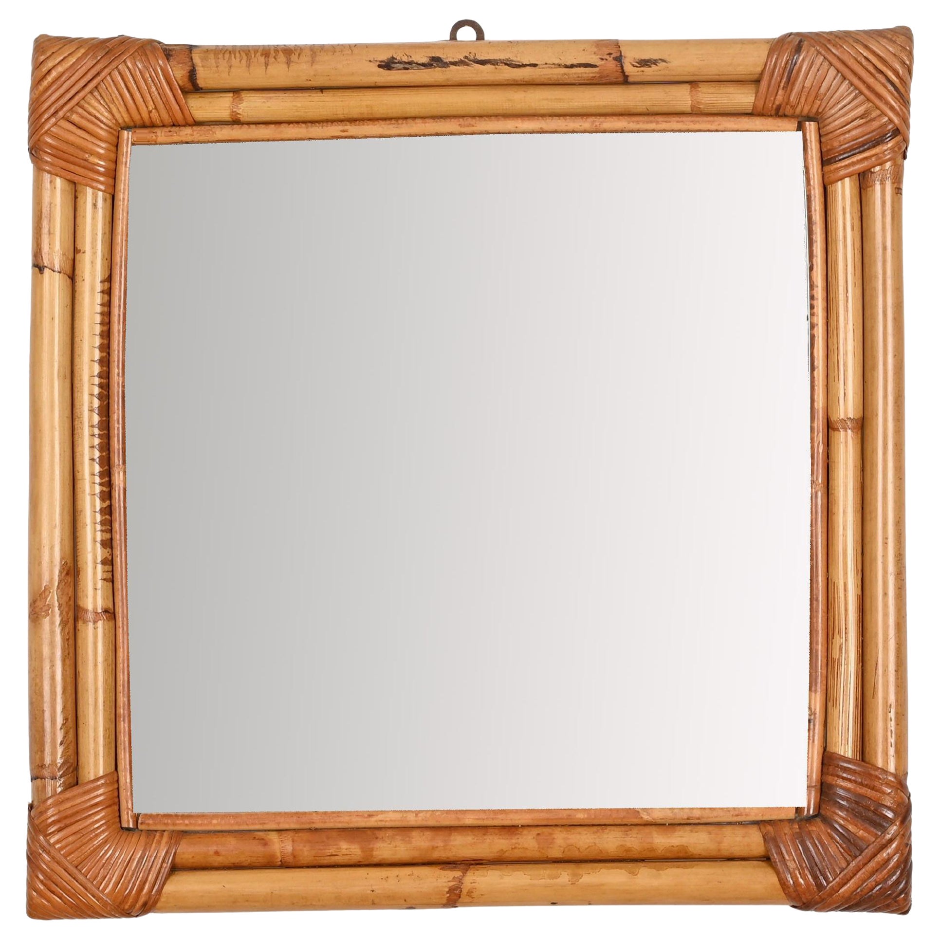 Mid-Century French Riviera Square Mirror in Bamboo and Rattan Wicker, Italy 1960