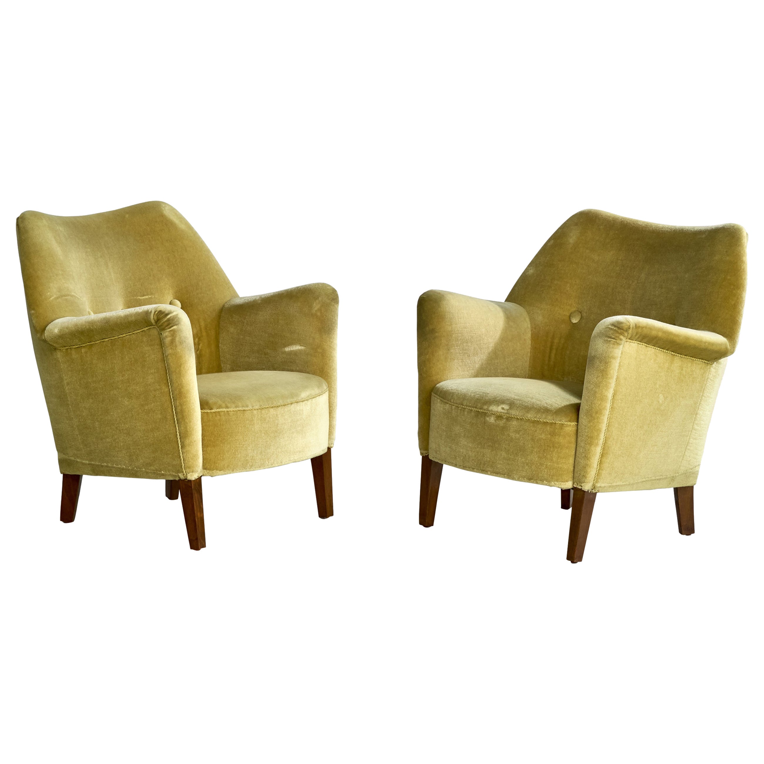 Eva & Niels Koppel, Lounge Chairs, Wood, Velvet, Denmark, 1950s For Sale