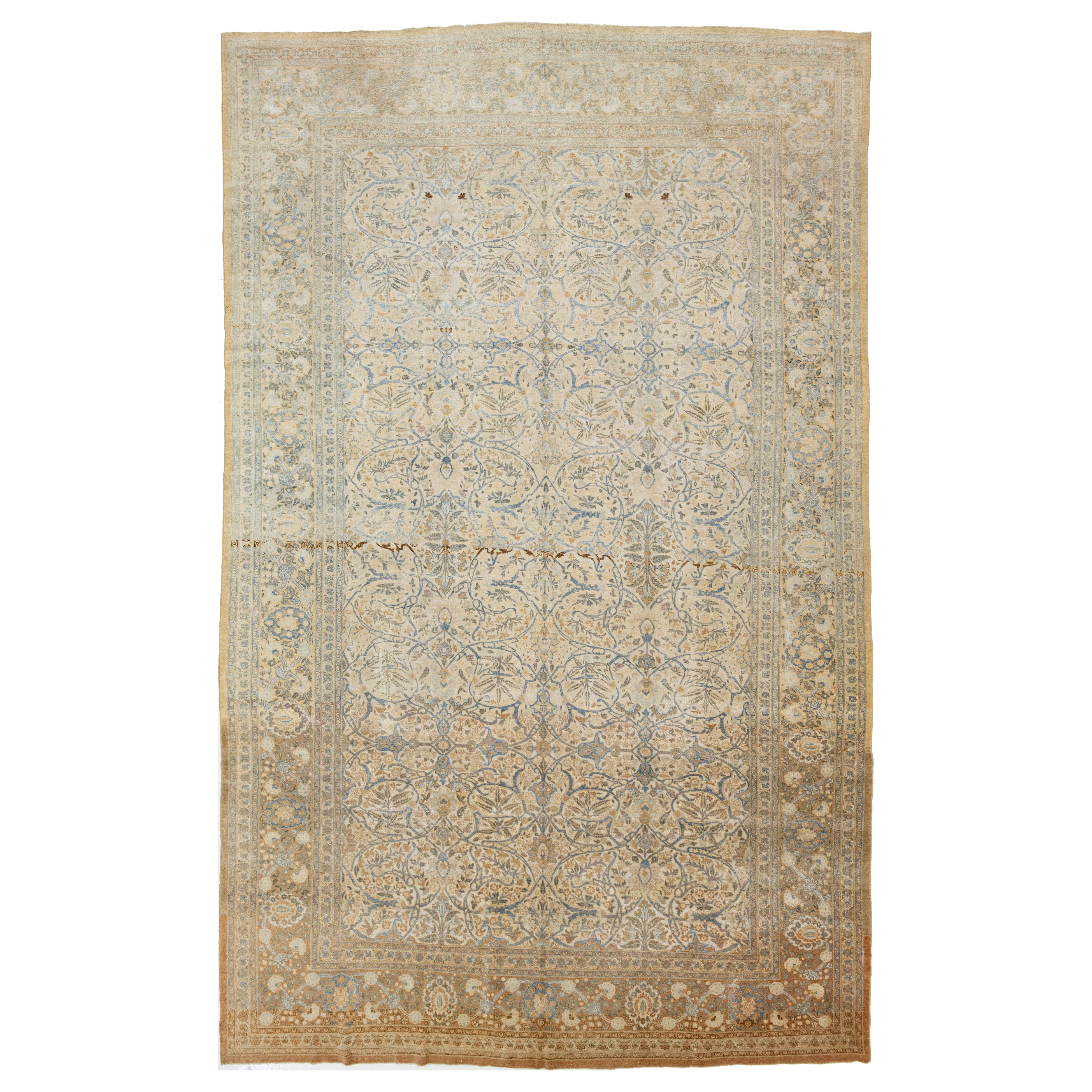 Alfombra persa antigua Tabriz beige de lana con diseño floral integral