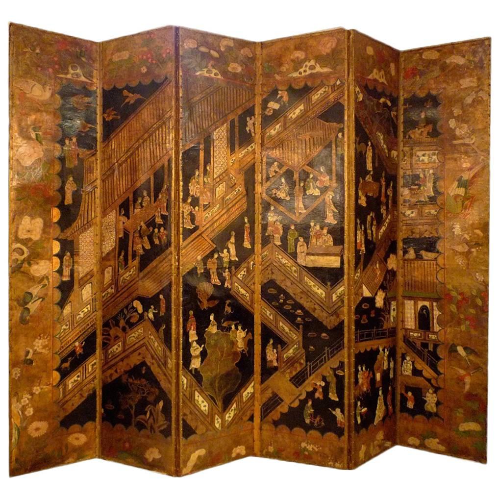 18th Century Dutch Painted Leather Six Leaf Screen in the Manner of Coromandel For Sale