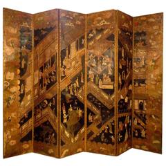 18th Century Dutch Painted Leather Six Leaf Screen in the Manner of Coromandel
