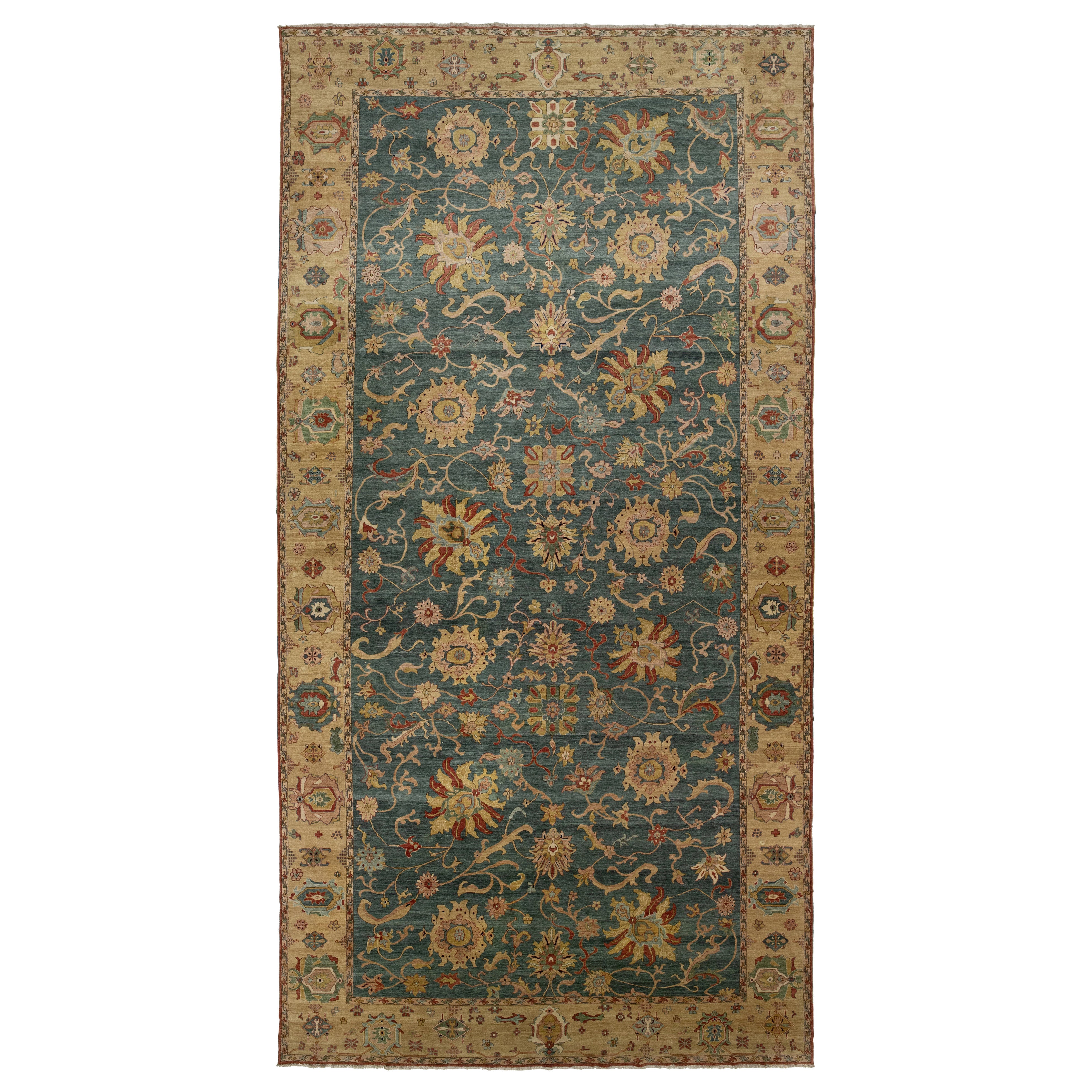 Unique Transitional Egyptian Sultanabad Oversized Wool Rug Hand-Woven In Blue