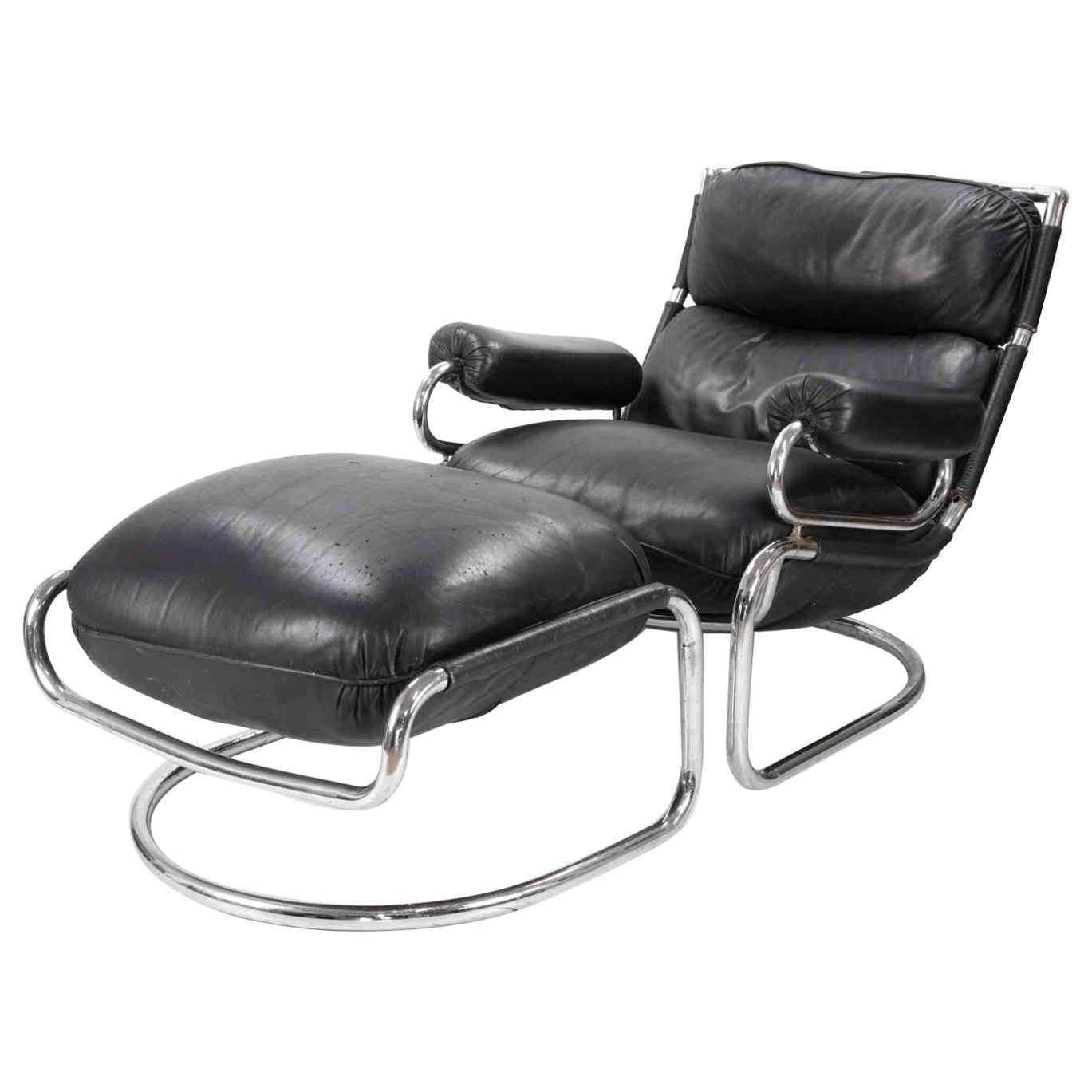 Vintage Cantilever Lounge Leather Chair with Ottoman, 1970s