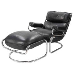 Vintage Cantilever Lounge Leather Chair with Ottoman, 1970s