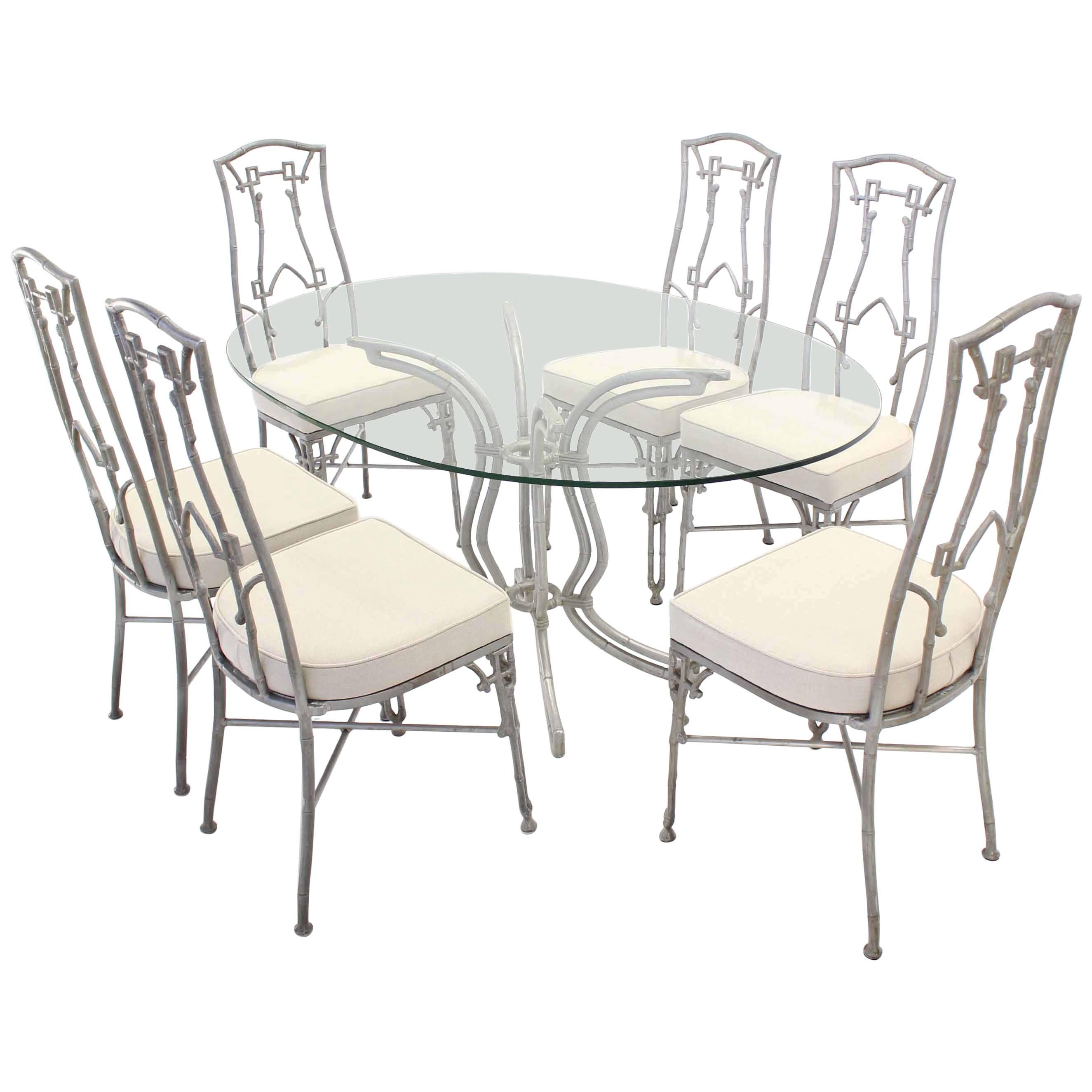 Cast Aluminum Faux Bamboo Mid-Century Modern Six Chairs and Table Dining Set For Sale