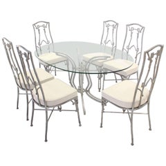 Cast Aluminum Faux Bamboo Mid-Century Modern Six Chairs and Table Dining Set