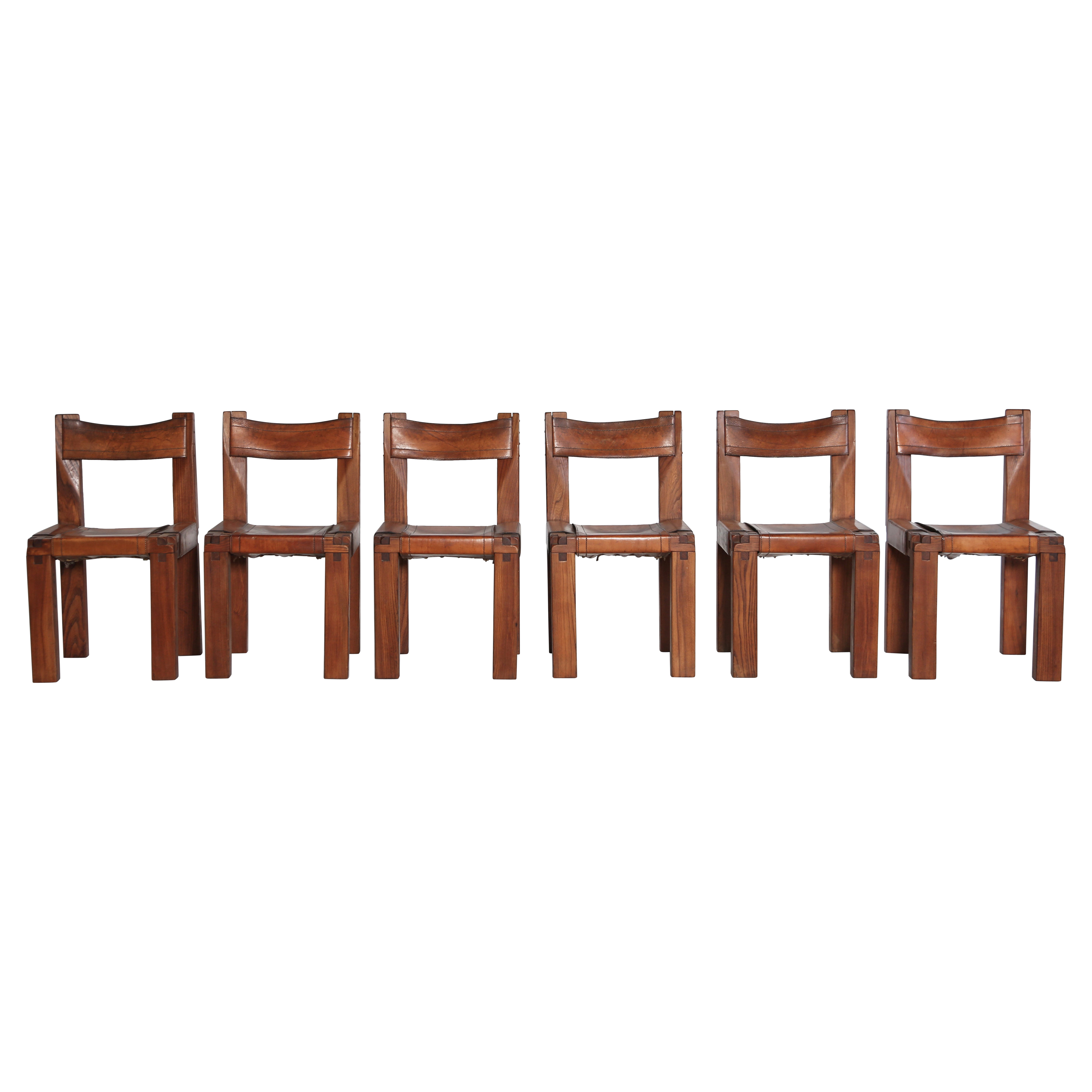 Pierre Chapo S11 Chairs, Set of 6, Superb Patina, France, 1960s/70s
