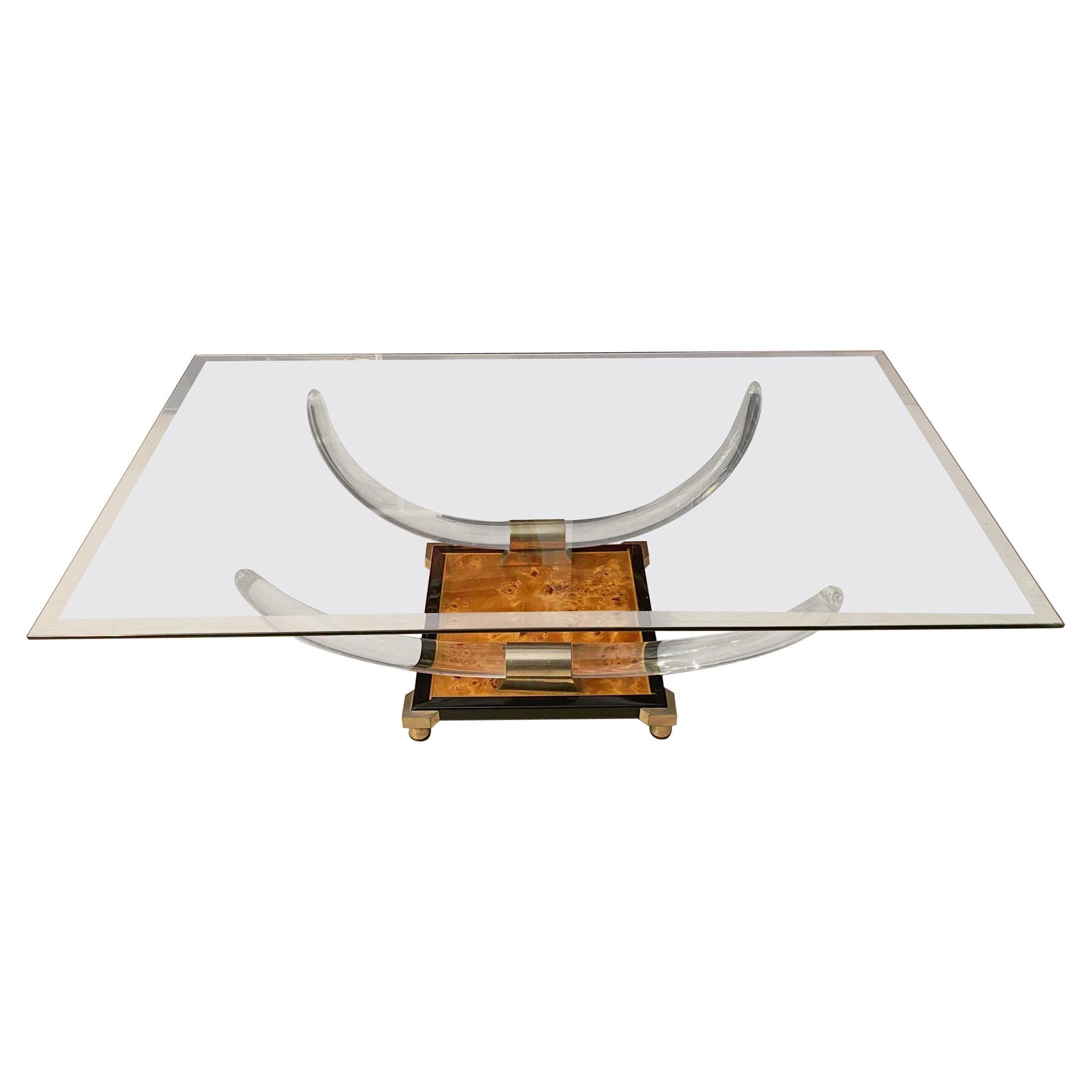 Table basse vintage en plexiglas avec base en noyer et plateau en cristal Horn 1970 en vente