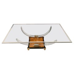 Vintage Horns Plexliglass Coffee Table with Walnut Base and Crystal Top 1970s
