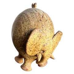 1960s Studio Art Pottery Stoneware Elephant and Tiny Bird
