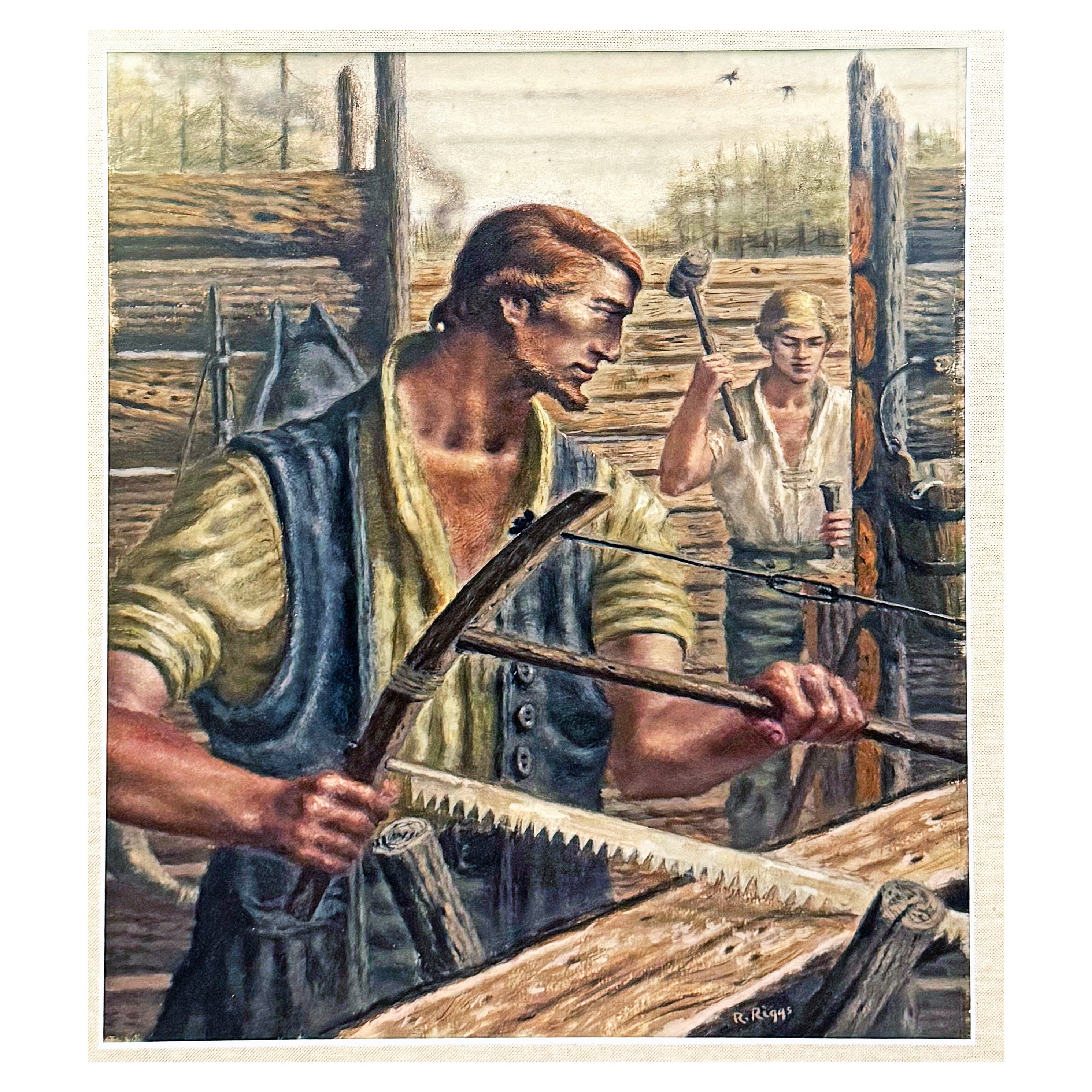 "Building a Home in Colonial America", Important Tempera Painting, Riggs, 1930s For Sale