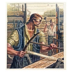 "Building a Home in Colonial America", Important Tempera Painting, Riggs, 1930s