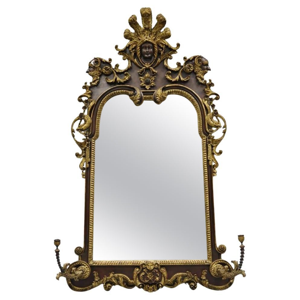 Antique Italian Baroque Figural Mahogany Giltwood Large Wall Mirror w/ Faces For Sale