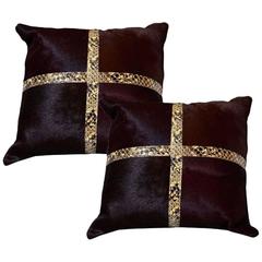 Dark Brown Cowhide Pillow with Python Trim 