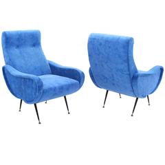 Pair of Mid-Century Italian Modern Blue Upholstery Lounge Chairs