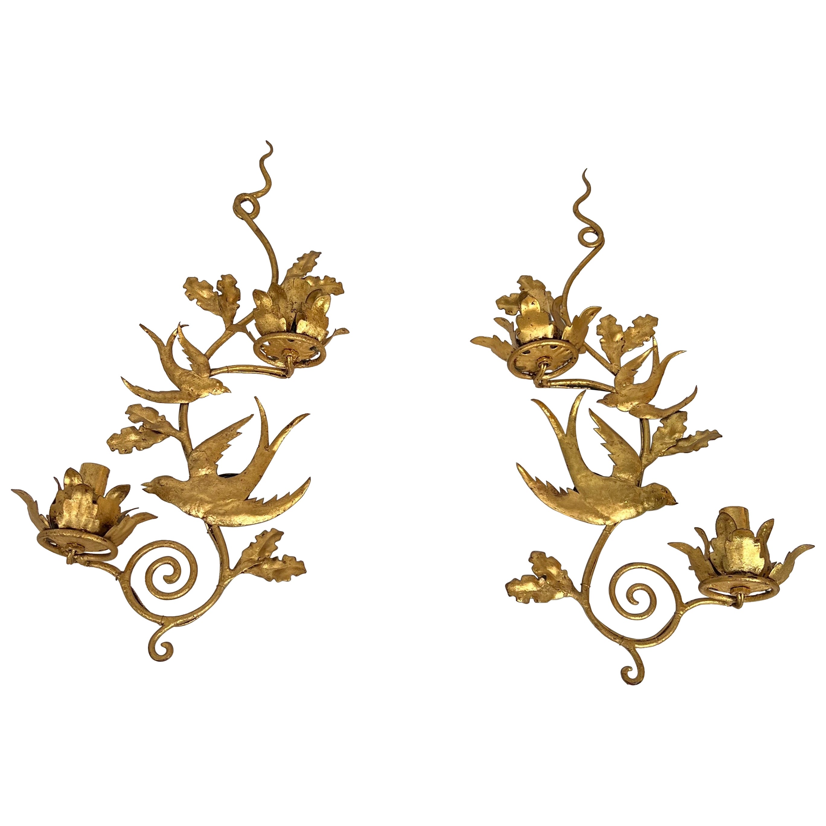 Pair of Gilded Metal Birds Wall Sconces in the Style of Maison Baguès