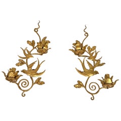 Pair of Gilded Metal Birds Wall Sconces in the Style of Maison Baguès