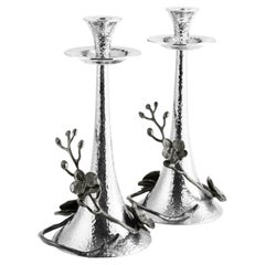 Black Orchid Candlesticks, High-Quality Silver-Plated Metal with a Patina Finish