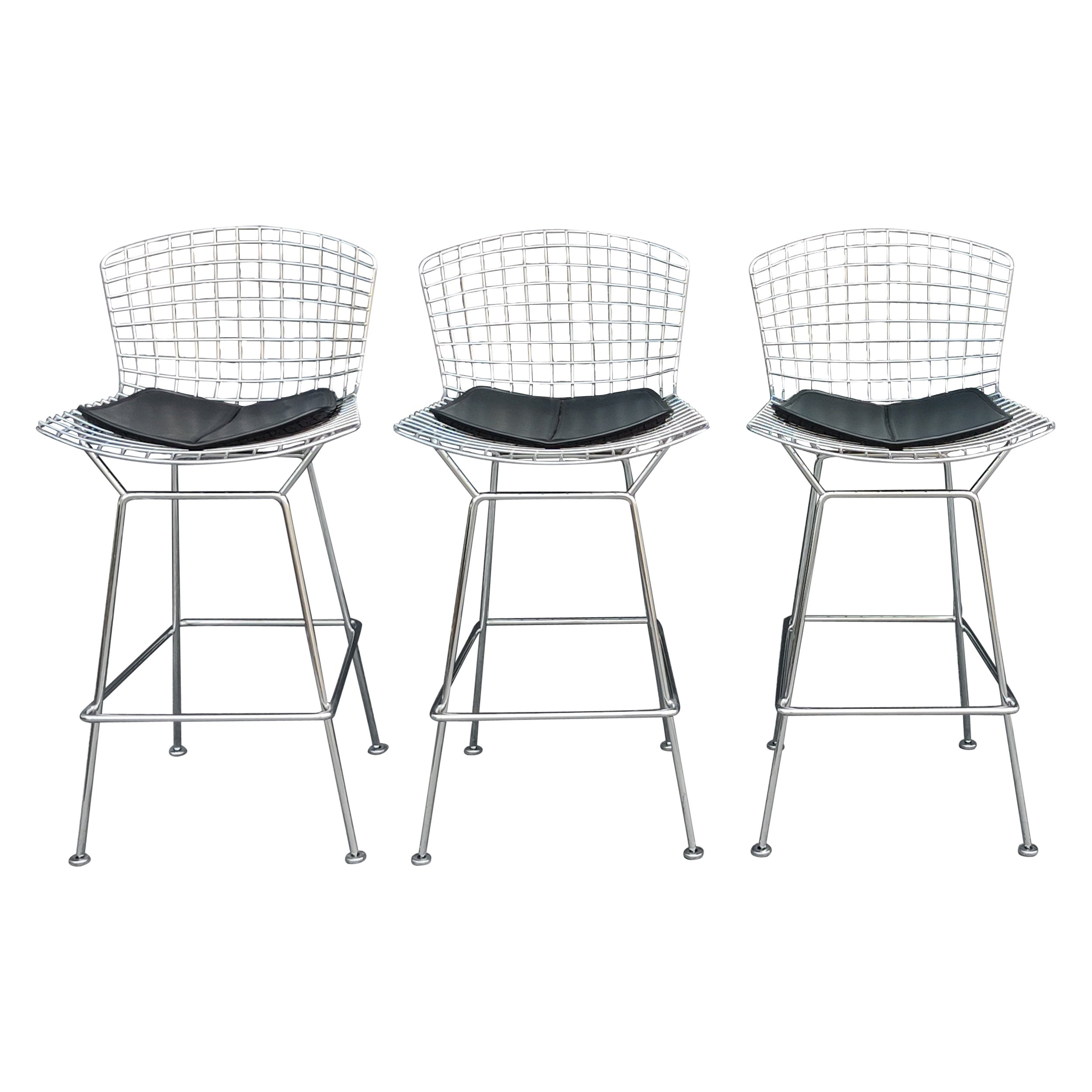 Set of Three Harry Bertoia for Knoll Barstool in Chrome & Black Leatherette For Sale