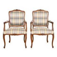 French Provincial Louis XV Carved Cherry Wood Upholstered Fauteuils, Pair