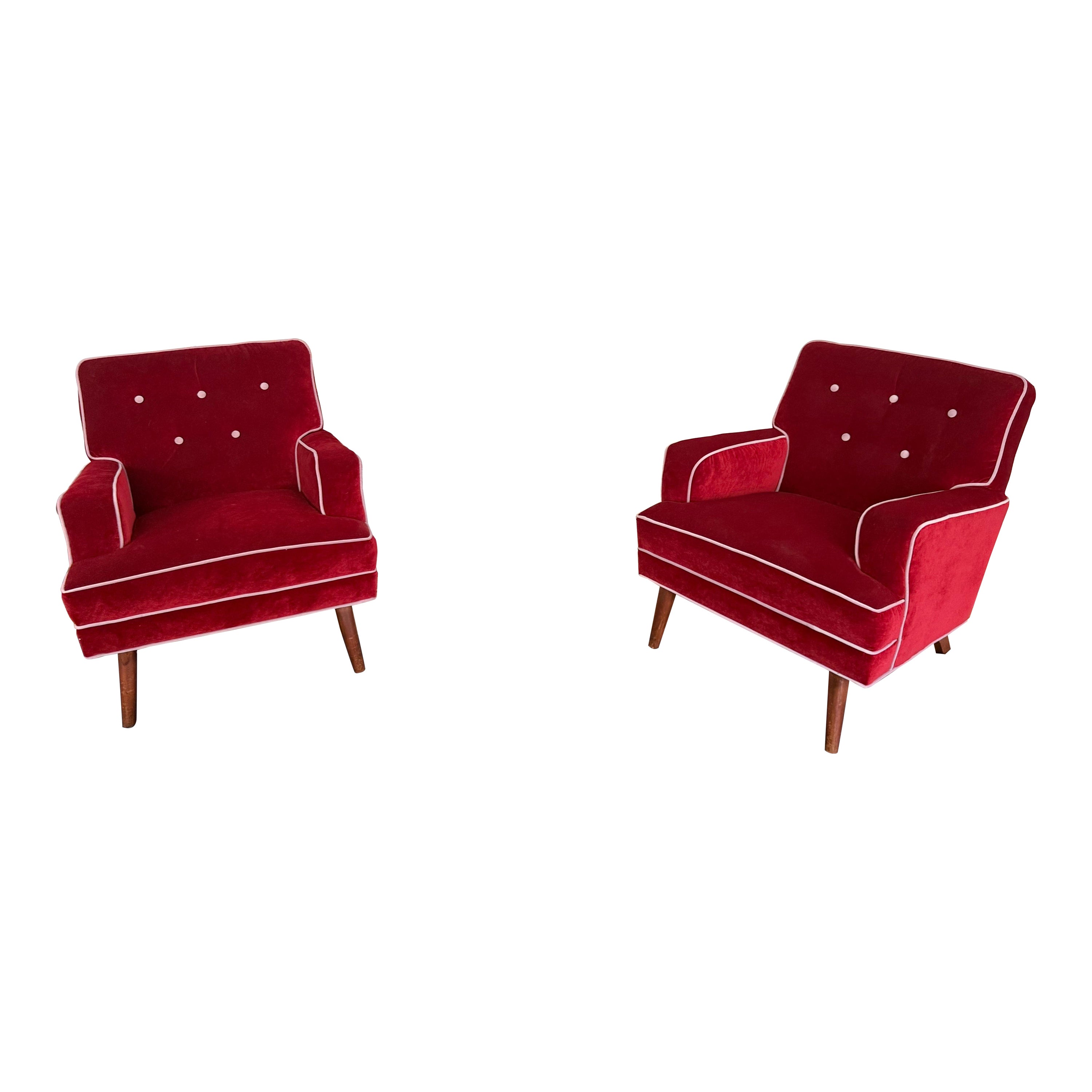 A pair of 1960s Swedish Modern Club Chairs in Merlot Velvet and Lavender For Sale