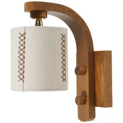 Paul Marra Oak Sconce with Hand-Stitched Linen Shade