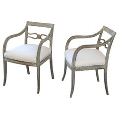 Antique 19th Century Swedish Gustavian Painted Armchairs with Muslin Fabric