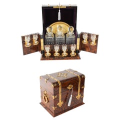 Antique Victorian Burr Walnut 3 Crystal Decanter Tantalus Dry Bar 19th Century