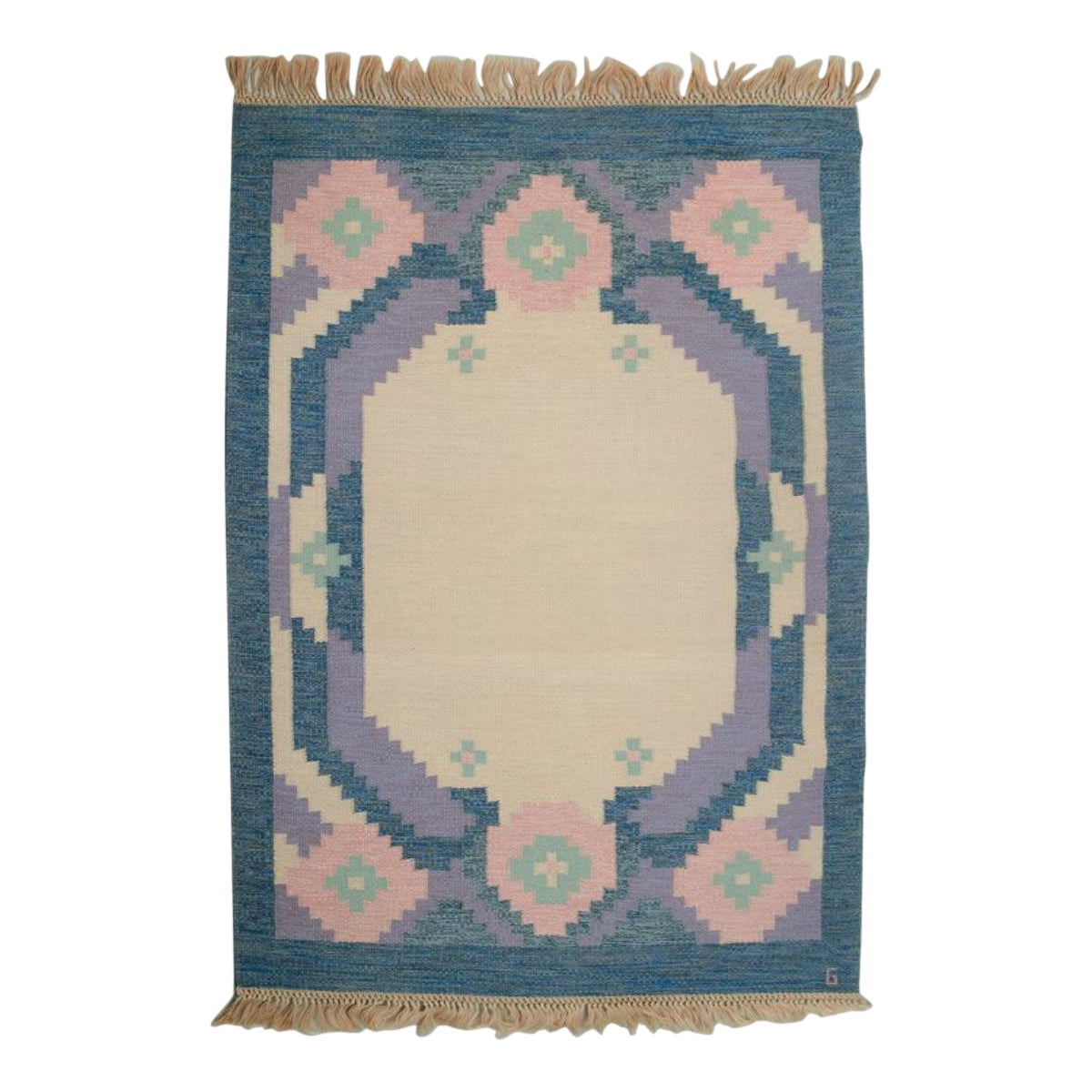Swedish carpet in pure wool. Geometric pattern in blue, white, and pink colors.