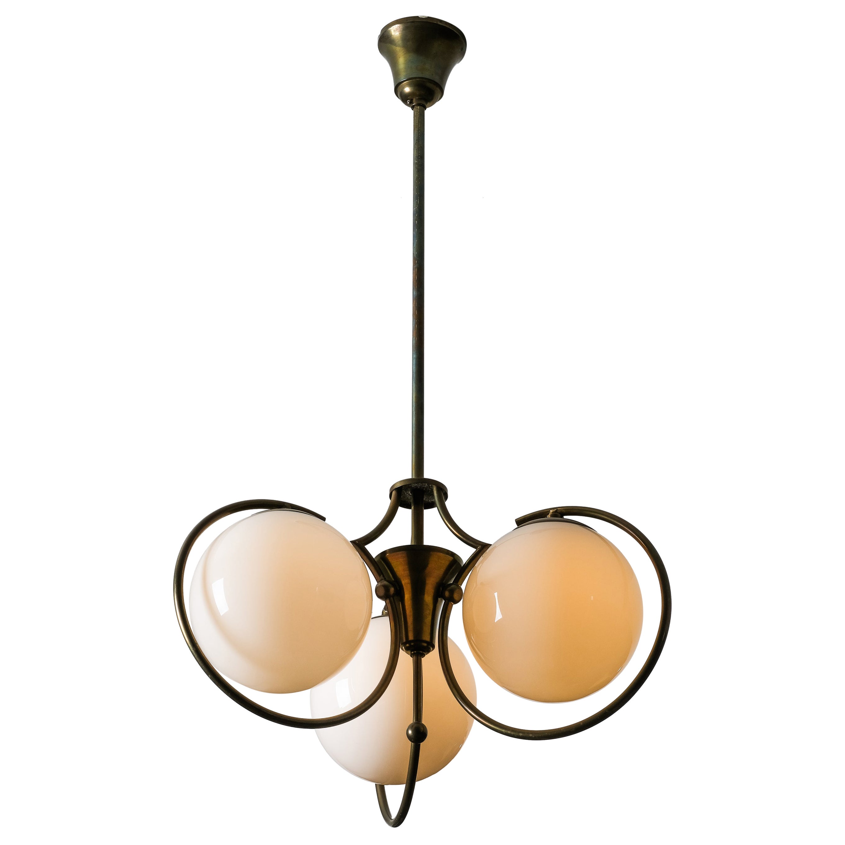 Finnish Art Deco Brass Chandelier with Opaline Glass Globes, 1930s