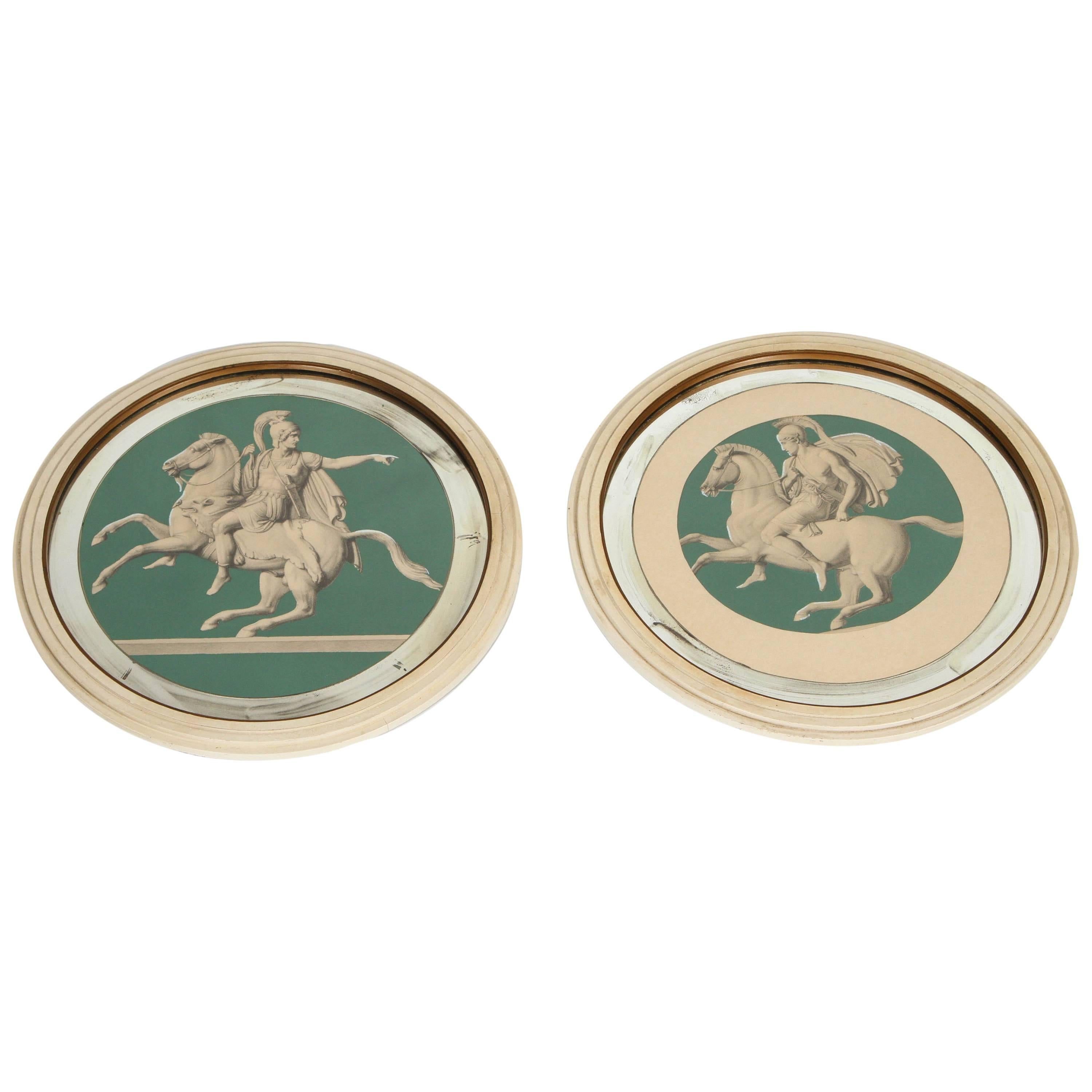 Pair of Vintage Greek Soldiers on Horses in Round Frames