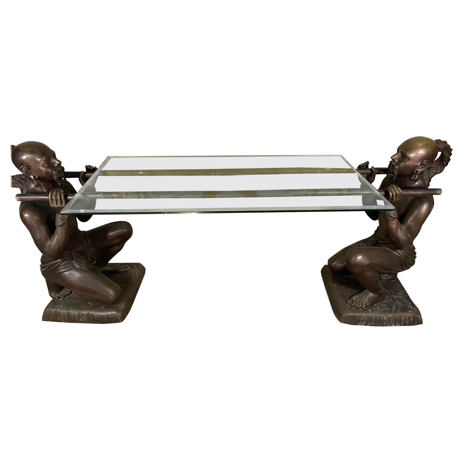 Unique Bronze Side Table with Beveled Glass Top by C. Caudion