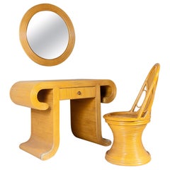 Rattan-Konsolentisch, Spiegel, Hocker-Set, 1970er Jahre