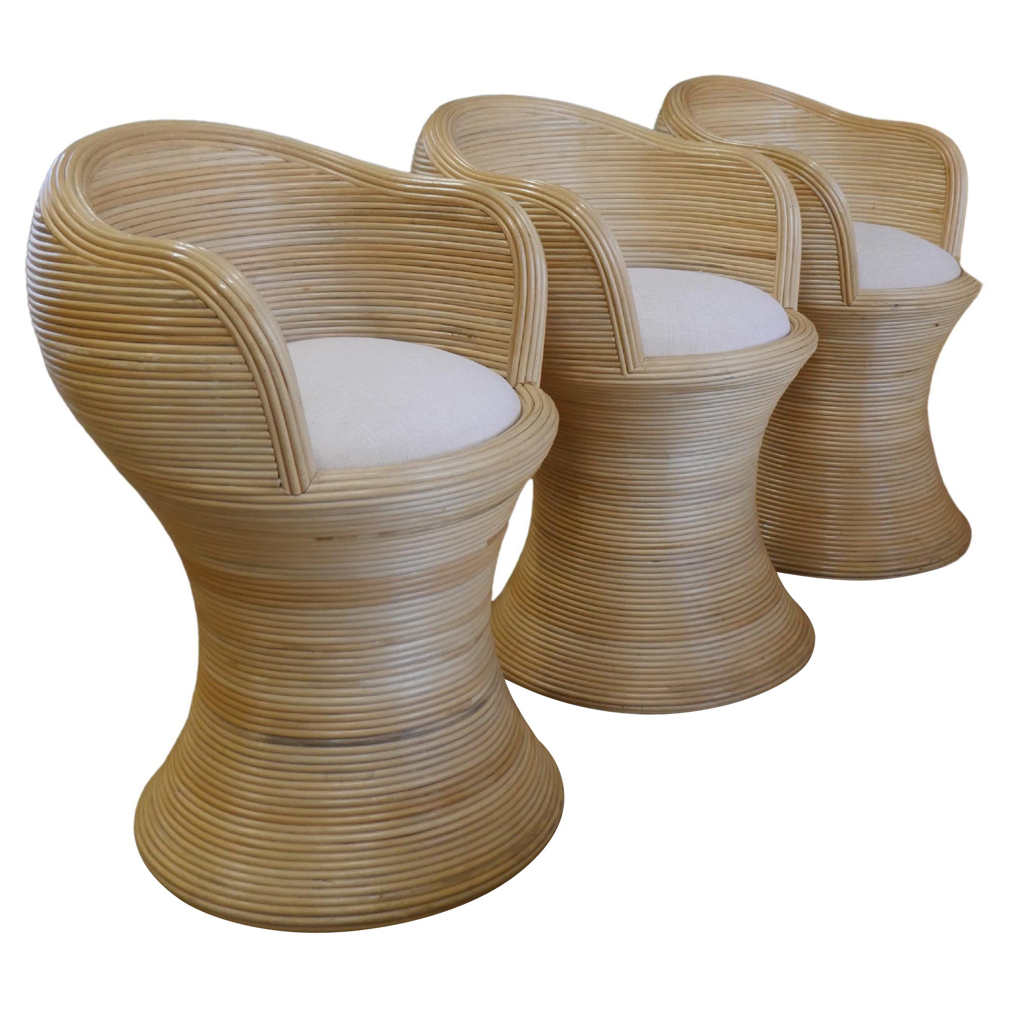 21st Century Sculptural Pencil Reed Rattan Stools - Set of Three For Sale