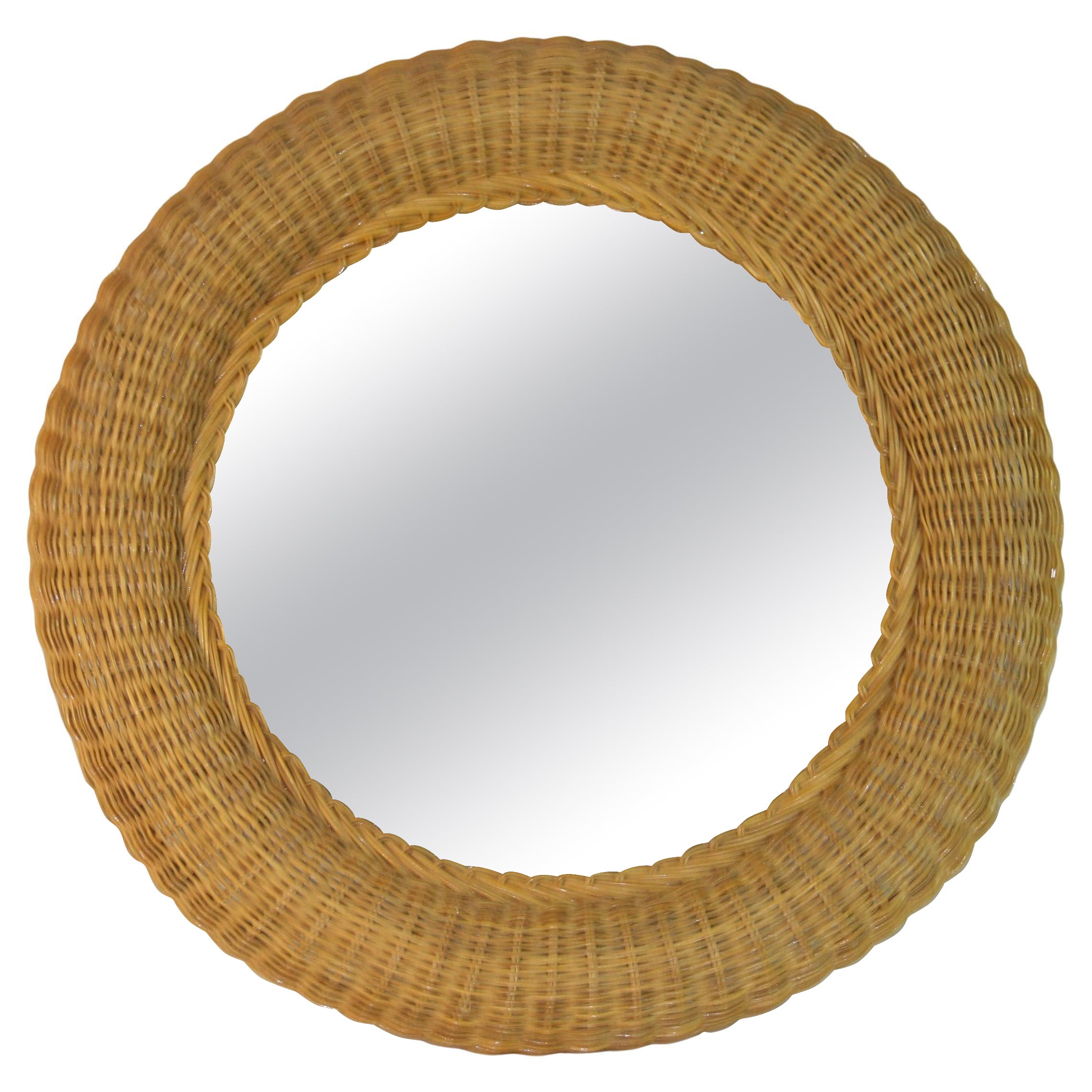 French Breaded Round Wicker Mirror For Sale