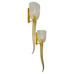 Modern Art Deco Style Beige Gold Frosted White Murano Glass Round Wall Lights