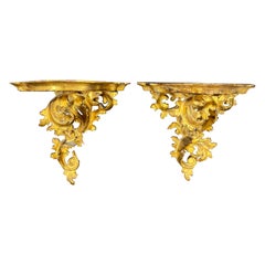 Pair of Italian Rococo Architectural Gilt Wall Shelves Brackets