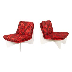 Pair of Space Age Lounge Chairs in Red Floral Upholstery