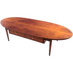 1950s Atomic Age American Walnut Oval Coffee Table with Brass Knobs