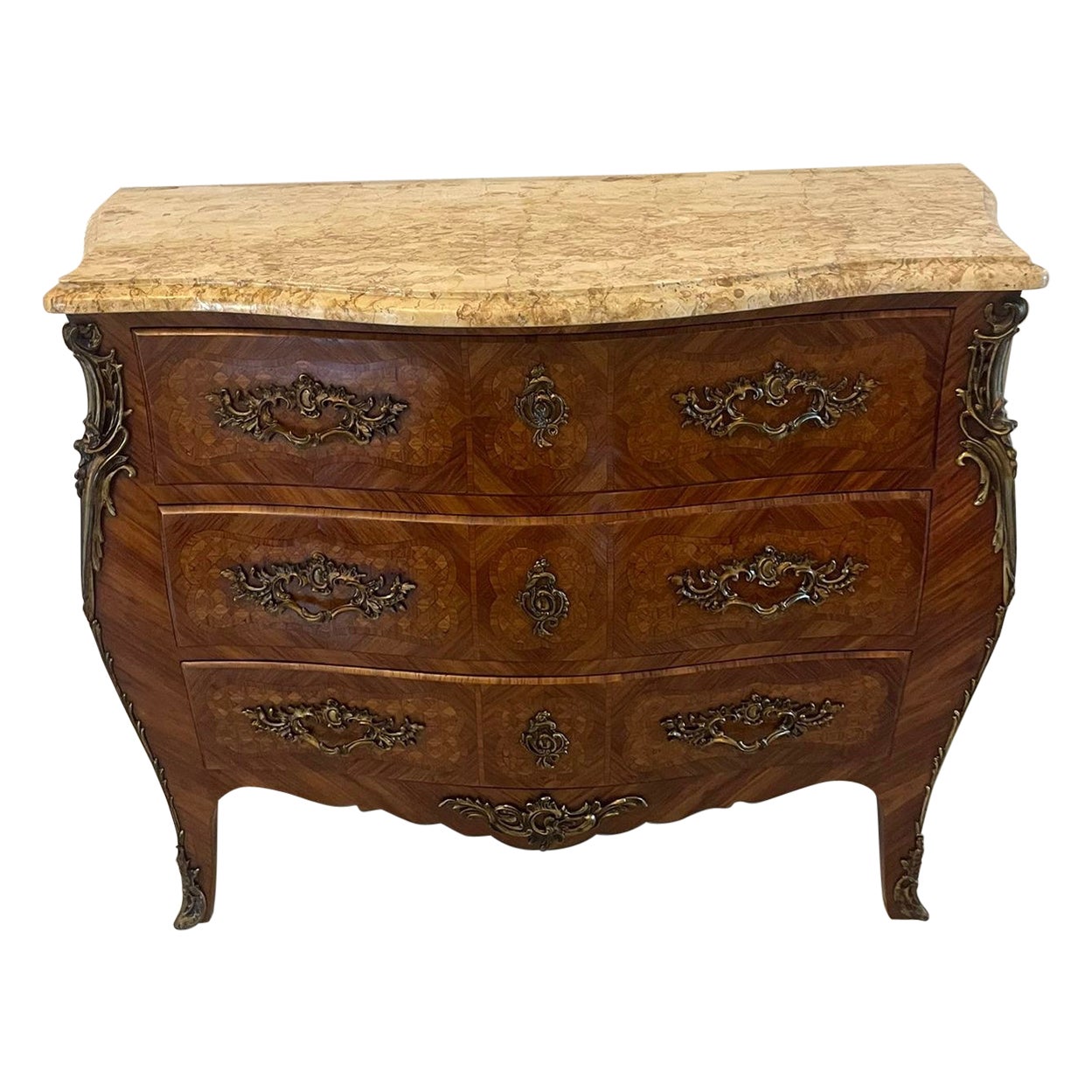 Antique Victorian Quality French Parquetry Marble Top Commode Chest of Drawers