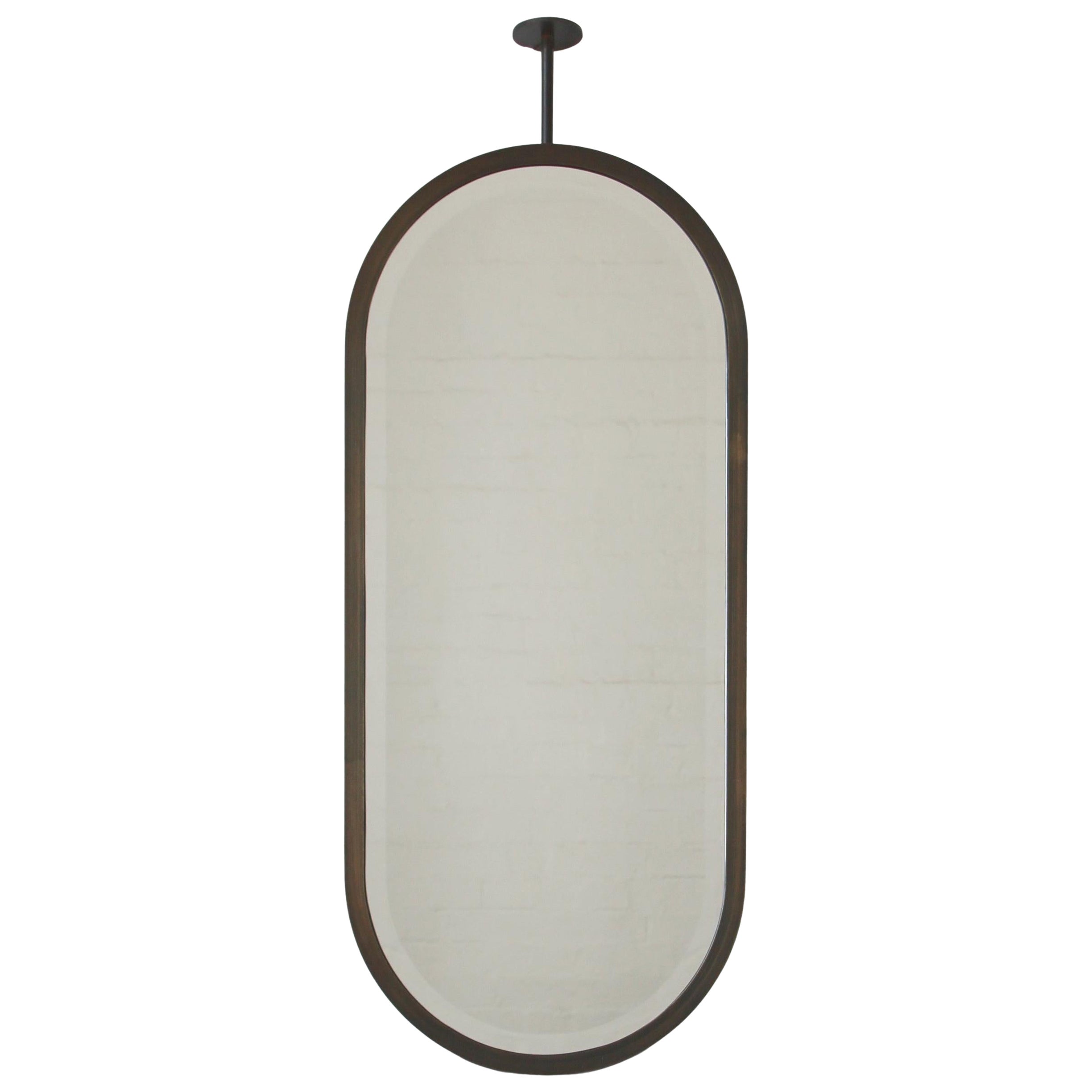 Ceiling Suspended Capsula Pill shaped Bevelled Mirror with Bronze Patina Frame