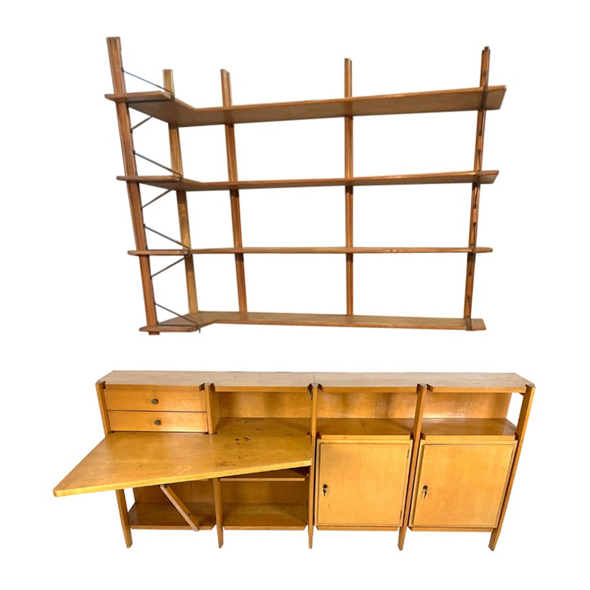 Cabinet avec bureau pliant et bibliothèque d'angle suspendue - Italie - années 1950