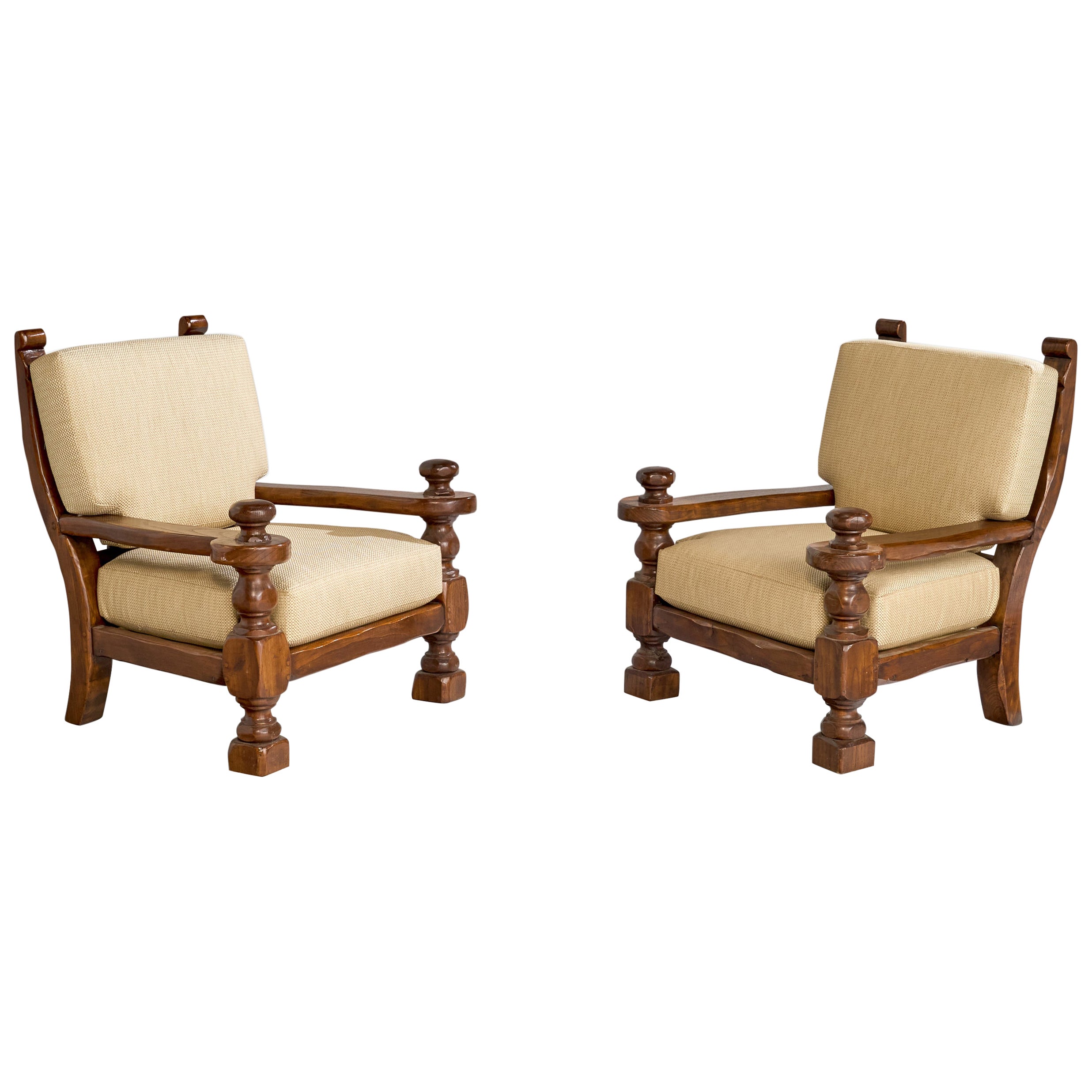 French Designer, Lounge Chairs, Oak, Fabric, France, 1970s