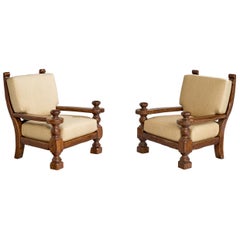 French Designer, Lounge Chairs, Oak, Fabric, France, 1970s
